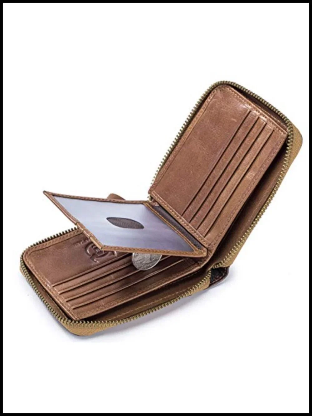 Genuine Leather RFID Blocking Zipper Bifold Wallet with Multiple Card Slots